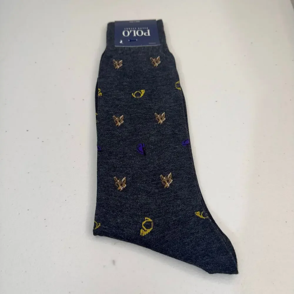 Polo Ralph Lauren Charcoal Gray Cotton Blend Dress Socks Fox Hunt Horn Print VTG